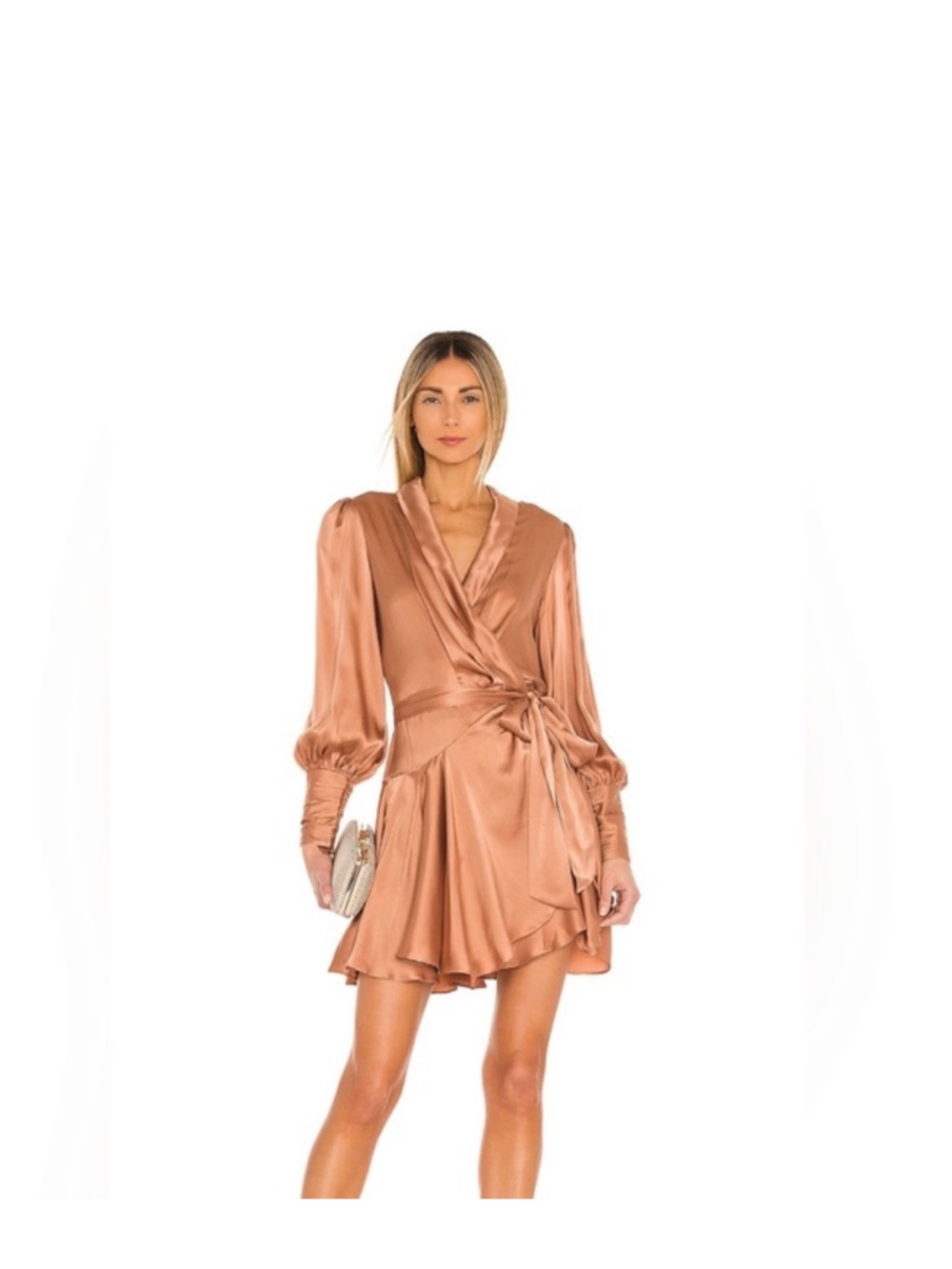 Zimmermann Copper Satin Wrap Long-Sleeve Mini Dress
